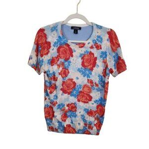 Lands End Stunning Rose Print Cotton Sweater Size S
